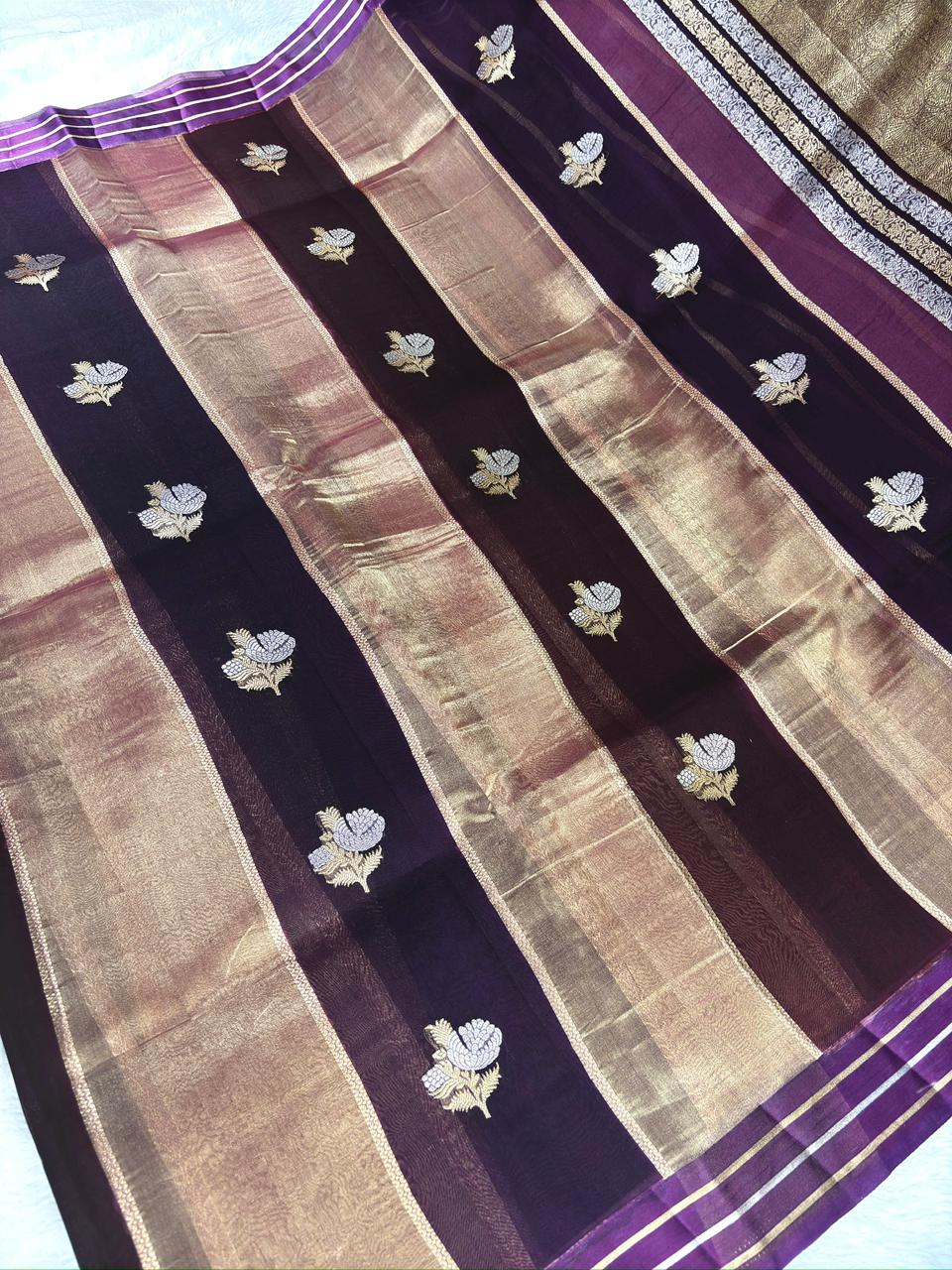 Kora Silk Rungkaat Saree in Deep Wine, Plum & Copper Gold with Silver Kadhua