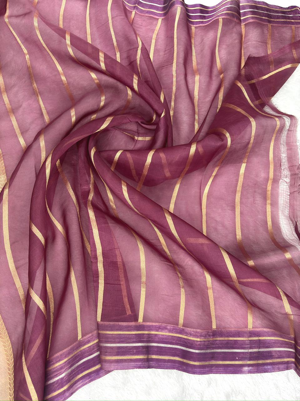 Kora Silk Rungkaat Saree in Deep Wine, Plum & Copper Gold with Silver Kadhua