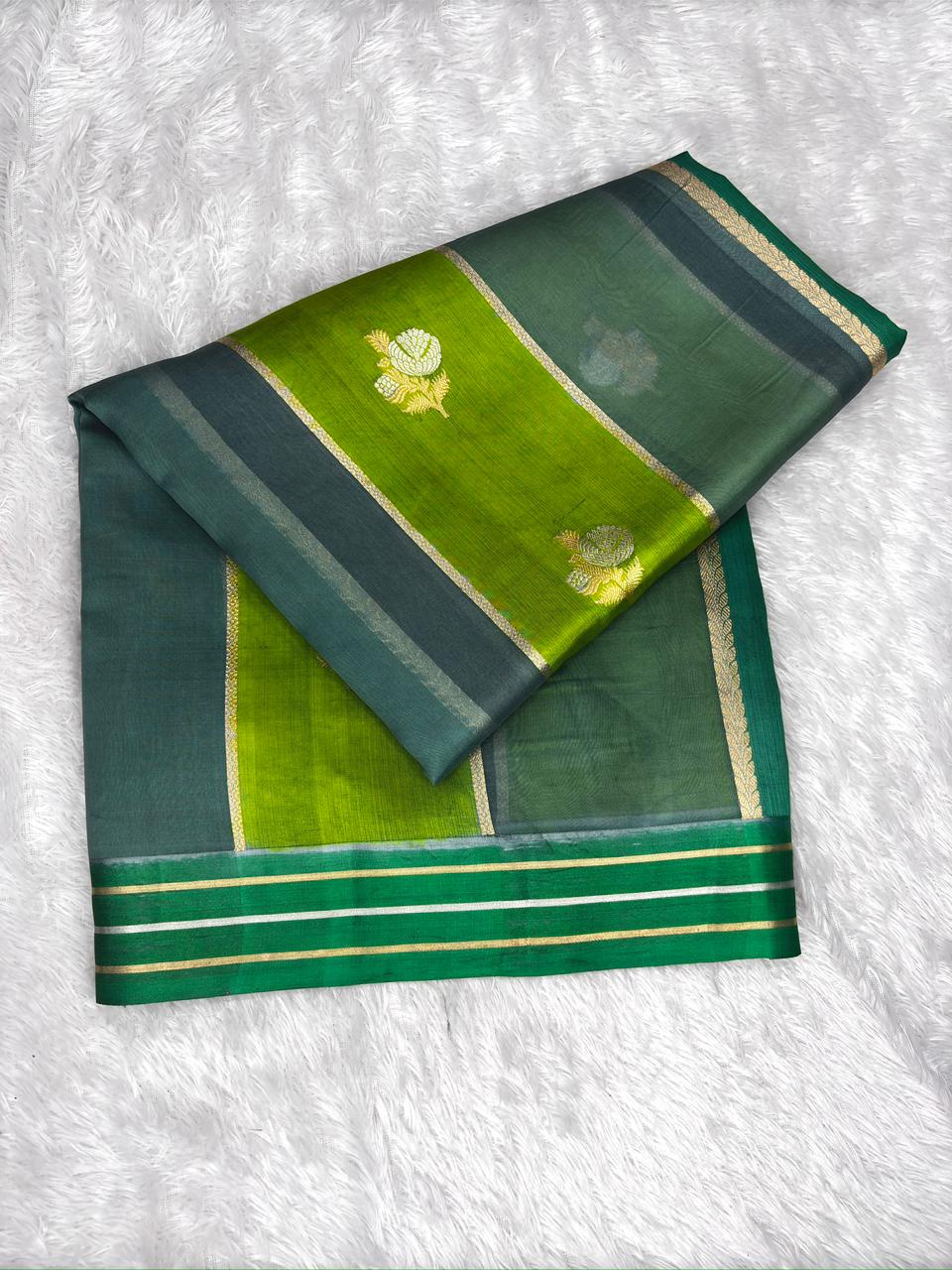 Verdant Luxury: Kadhua Floral Buti Kora Silk Saree in Multi-Tone Green