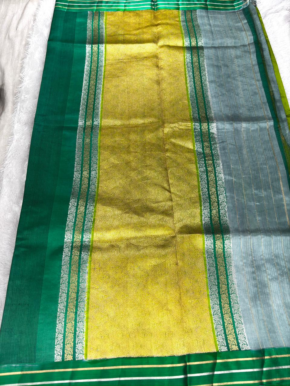 Verdant Luxury: Kadhua Floral Buti Kora Silk Saree in Multi-Tone Green