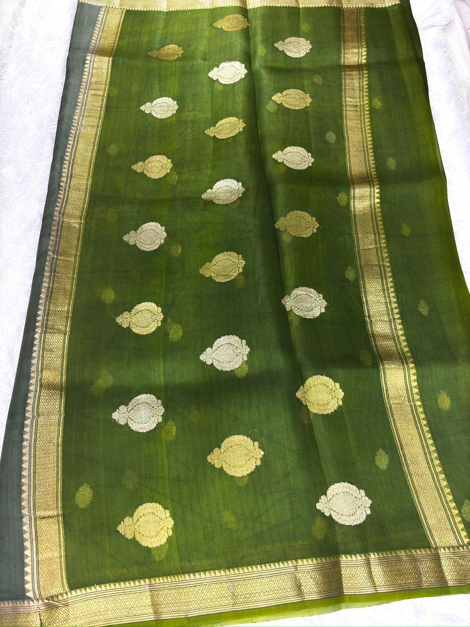 Olive & Forest Rungkaat Kora Silk Saree with Antique Gold Kadhua Weave