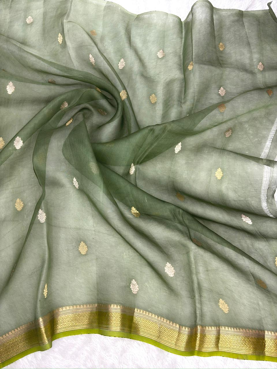 Olive & Forest Rungkaat Kora Silk Saree with Antique Gold Kadhua Weave