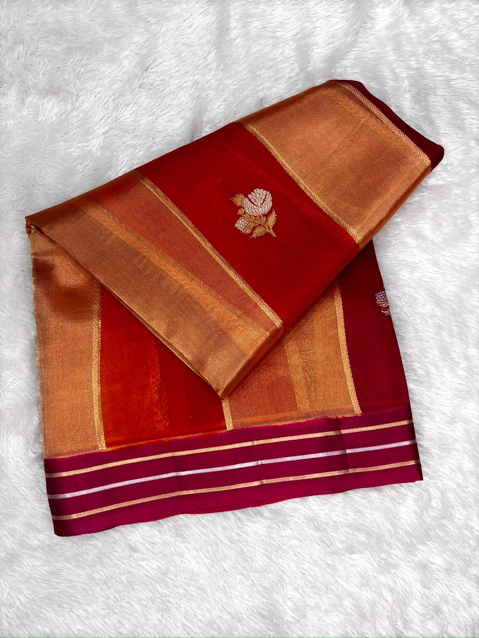 Fiery Dusk: Crimson & Burnt Orange Rungkaat Kora Silk Saree with Floral Kadhua Panels