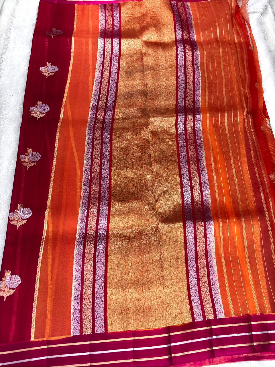 Fiery Dusk: Crimson & Burnt Orange Rungkaat Kora Silk Saree with Floral Kadhua Panels