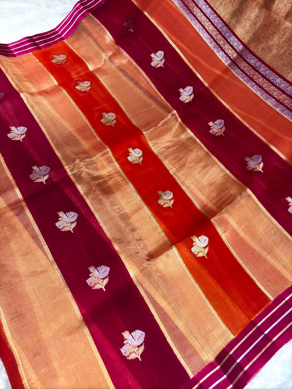 Fiery Dusk: Crimson & Burnt Orange Rungkaat Kora Silk Saree with Floral Kadhua Panels