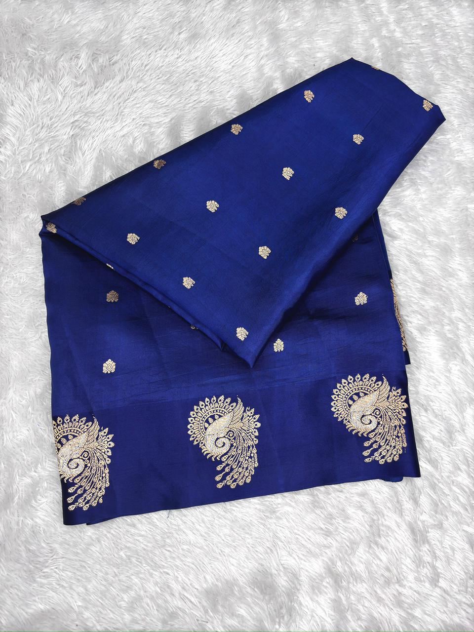 Royal Blue Pure Katan Silk Kadhua Saree with Zari Peacock Motifs