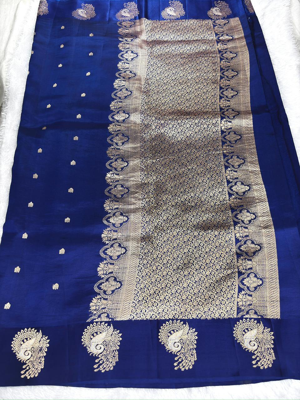 Royal Blue Pure Katan Silk Kadhua Saree with Zari Peacock Motifs