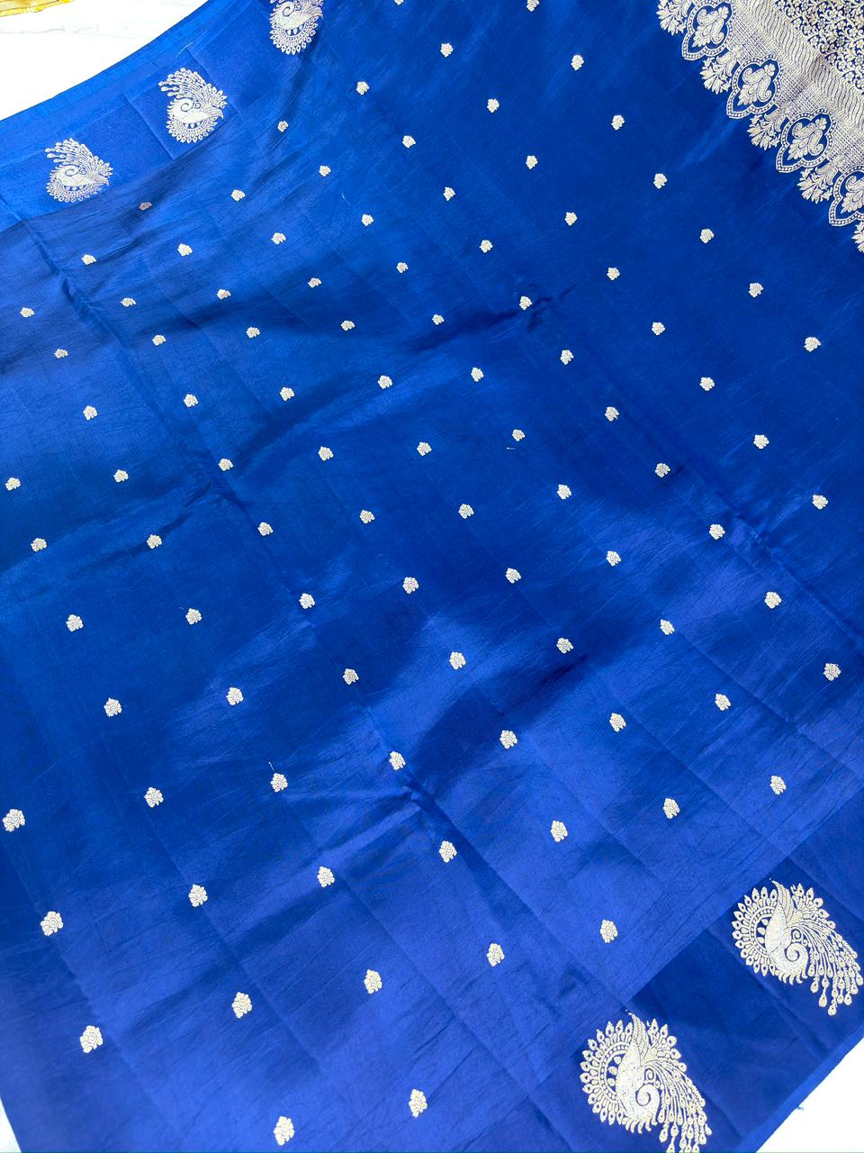 Royal Blue Pure Katan Silk Kadhua Saree with Zari Peacock Motifs