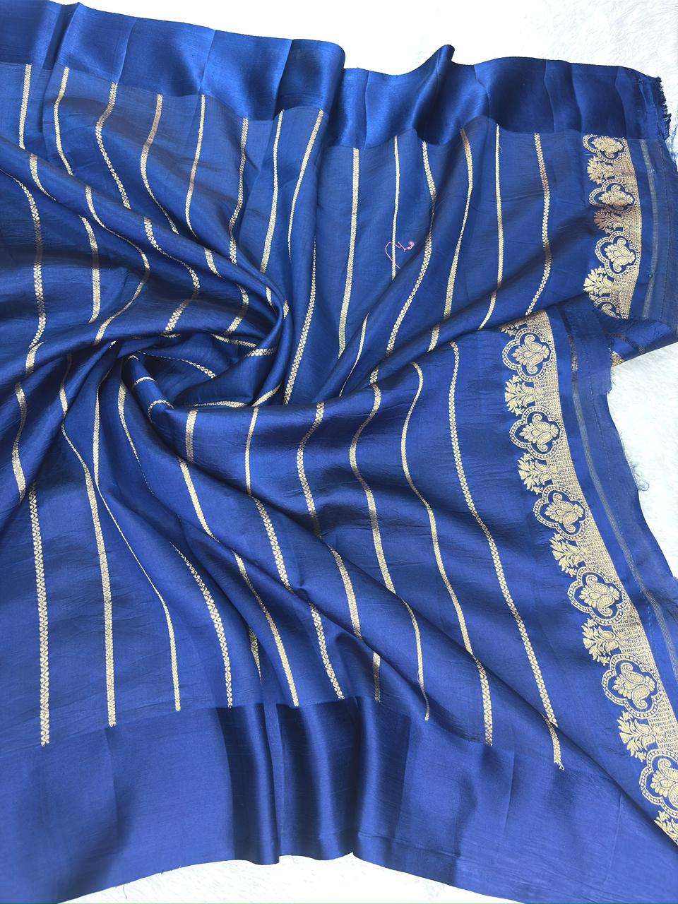 Royal Blue Pure Katan Silk Kadhua Saree with Zari Peacock Motifs