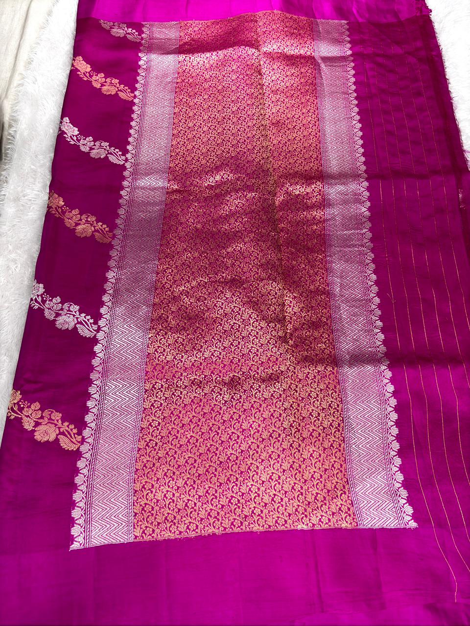 Magenta Pink Pure Katan Silk Kadhua Saree with Gold Zari Leheriya Stripes
