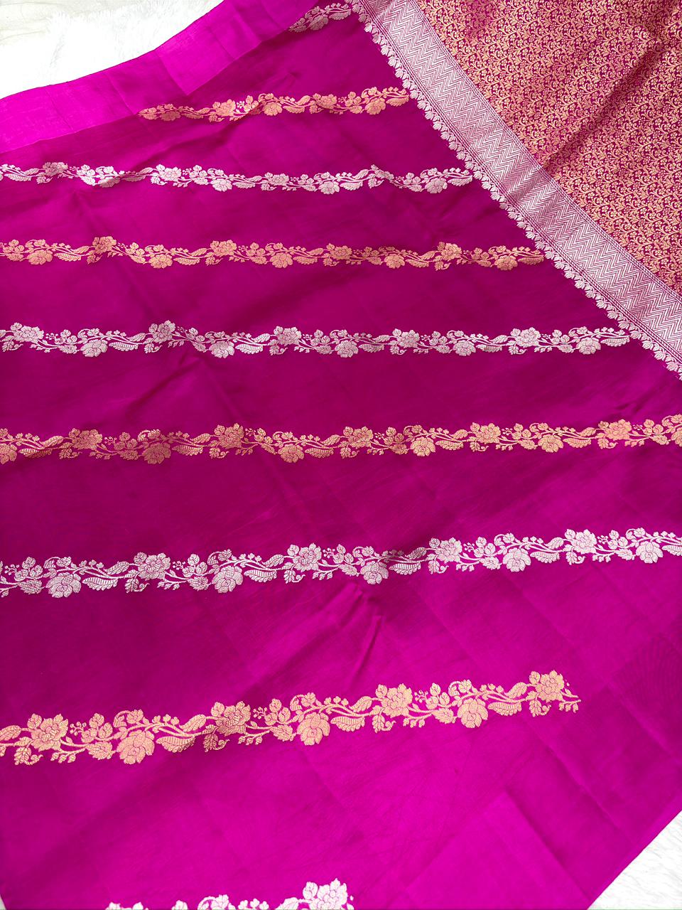 Magenta Pink Pure Katan Silk Kadhua Saree with Gold Zari Leheriya Stripes