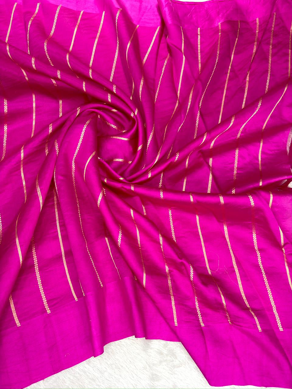 Magenta Pink Pure Katan Silk Kadhua Saree with Gold Zari Leheriya Stripes