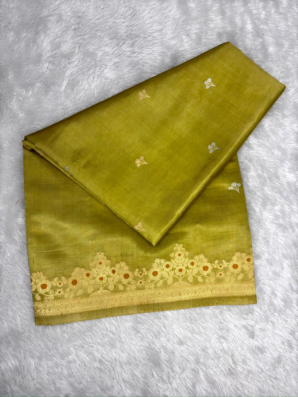 Olive Green Pure Katan Silk Kadhua Saree with Sona Rupa Floral Buttas