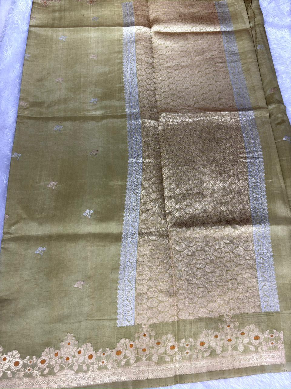 Olive Green Pure Katan Silk Kadhua Saree with Sona Rupa Floral Buttas