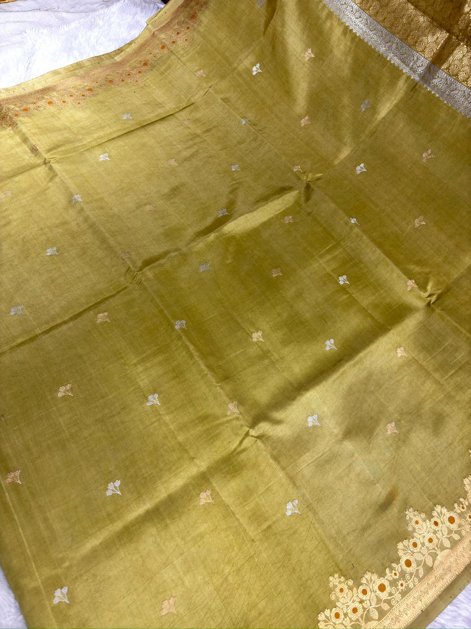 Olive Green Pure Katan Silk Kadhua Saree with Sona Rupa Floral Buttas