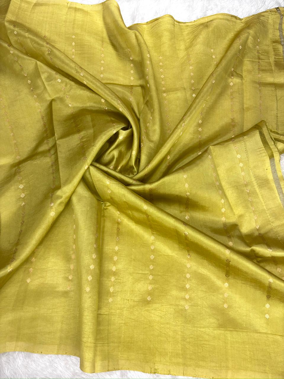 Olive Green Pure Katan Silk Kadhua Saree with Sona Rupa Floral Buttas