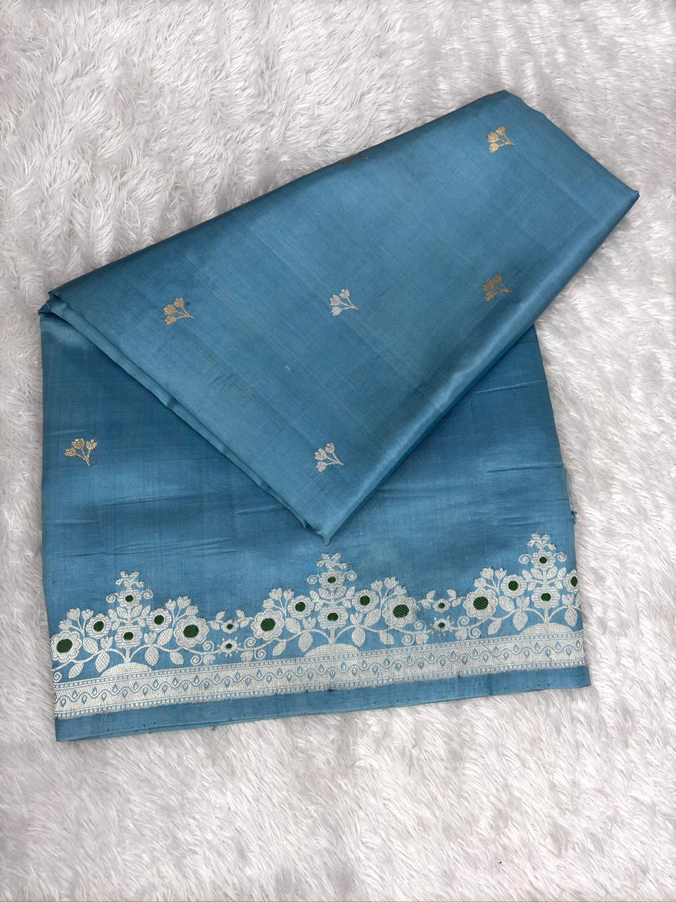 Sky Blue Pure Katan Silk Kadhua Saree with Silver Zari & Green Meenakari