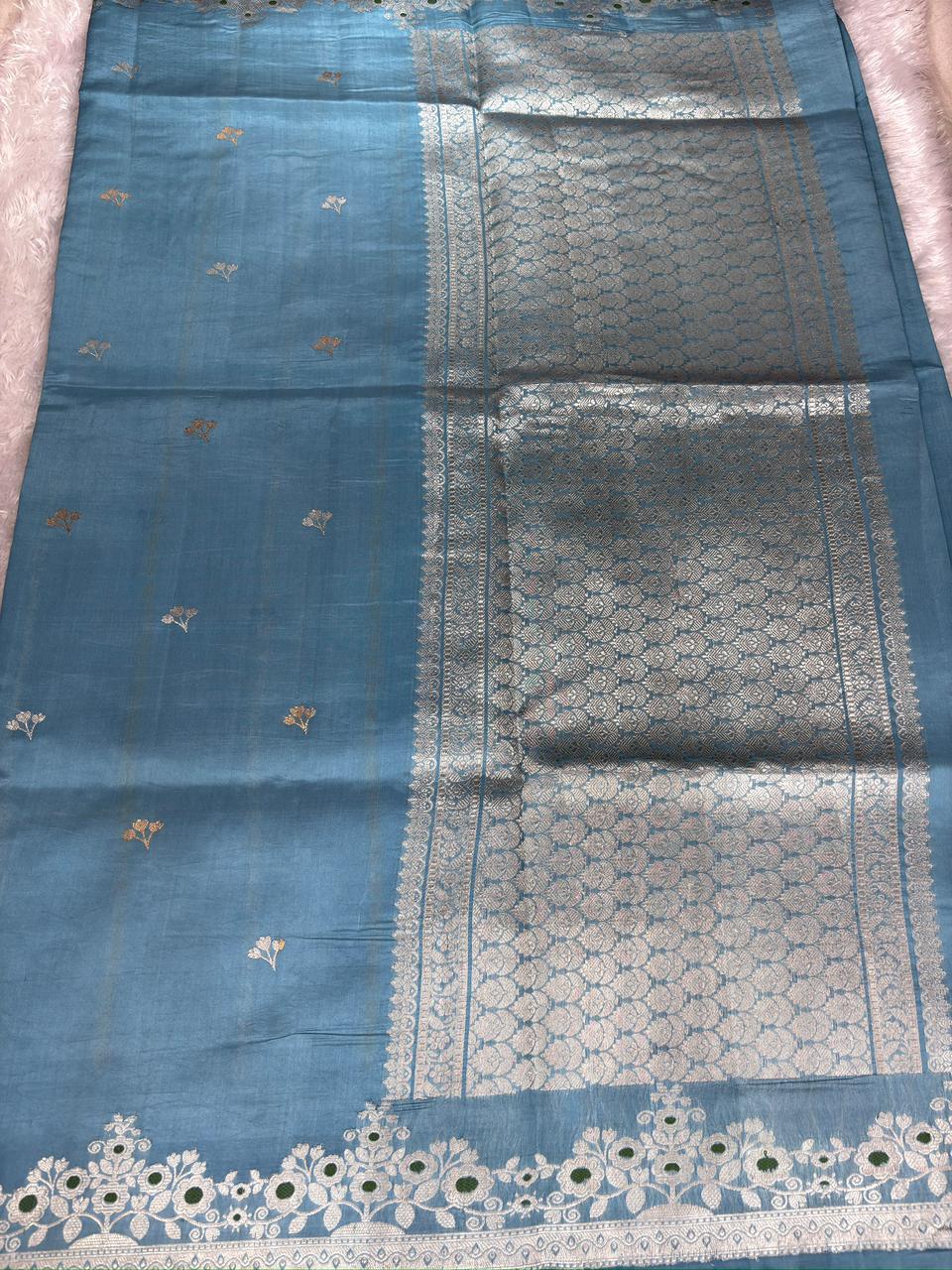 Sky Blue Pure Katan Silk Kadhua Saree with Silver Zari & Green Meenakari