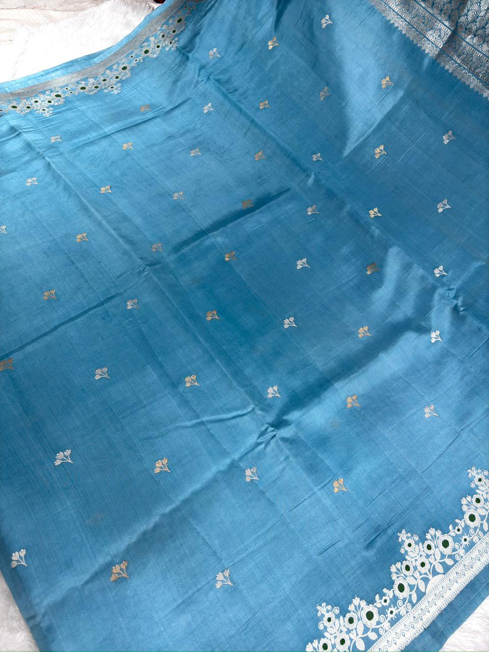 Sky Blue Pure Katan Silk Kadhua Saree with Silver Zari & Green Meenakari