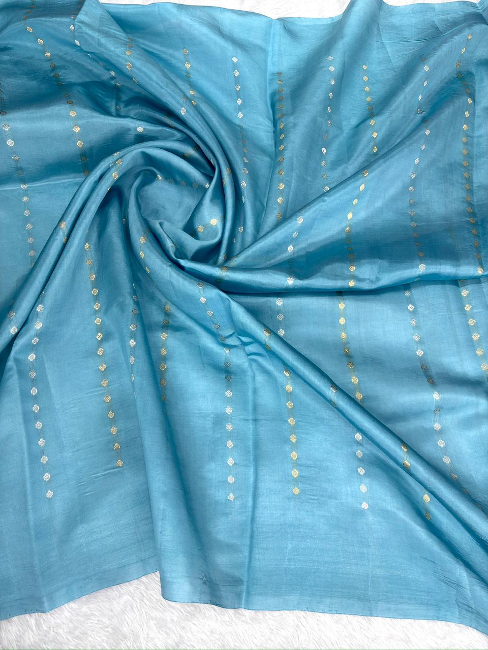 Sky Blue Pure Katan Silk Kadhua Saree with Silver Zari & Green Meenakari
