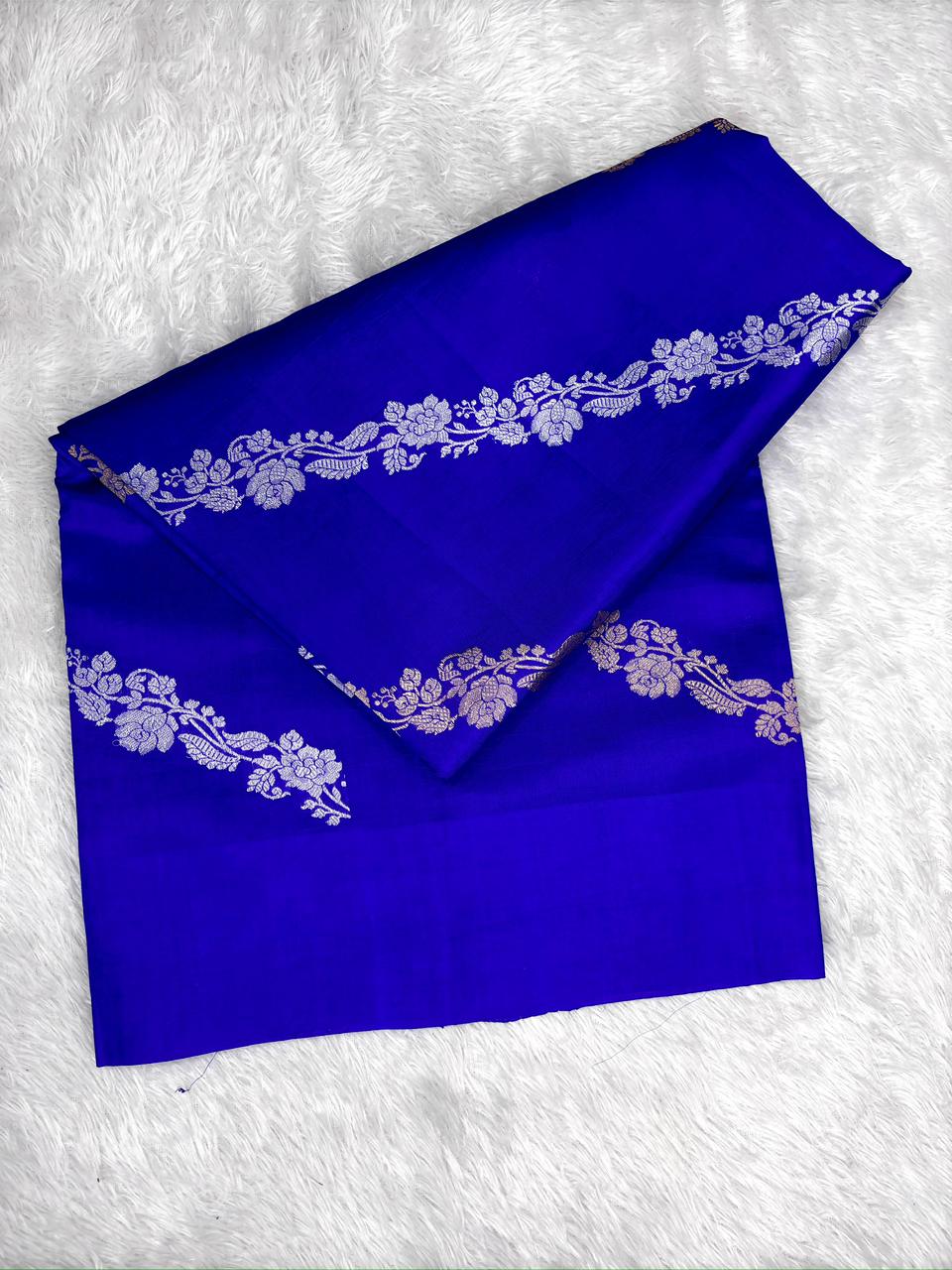 Electric Blue Pure Katan Silk Saree with Horizontal Silver Zari Vines