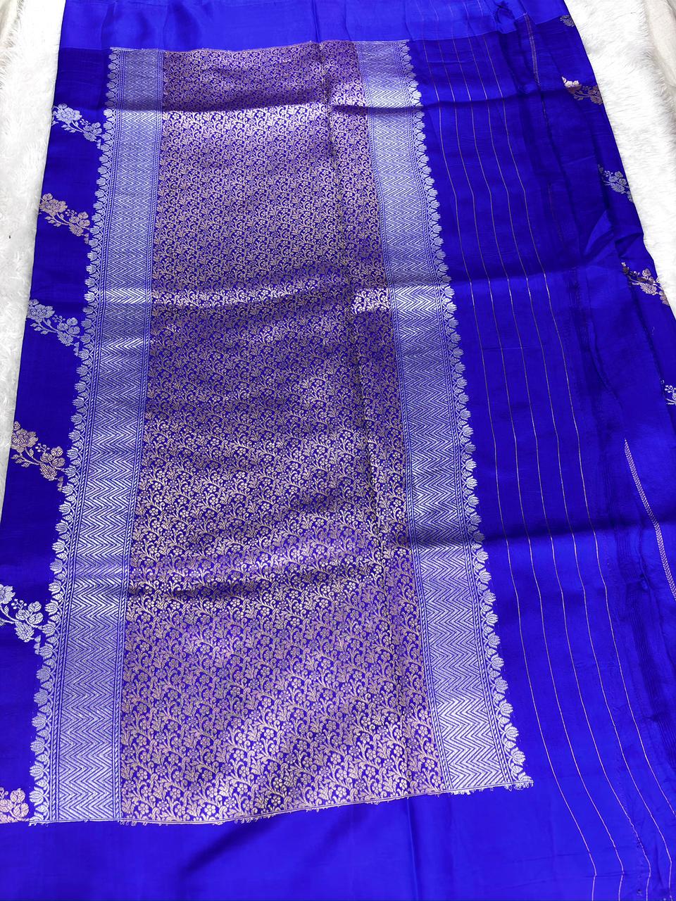 Electric Blue Pure Katan Silk Saree with Horizontal Silver Zari Vines