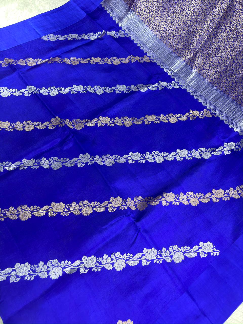 Electric Blue Pure Katan Silk Saree with Horizontal Silver Zari Vines