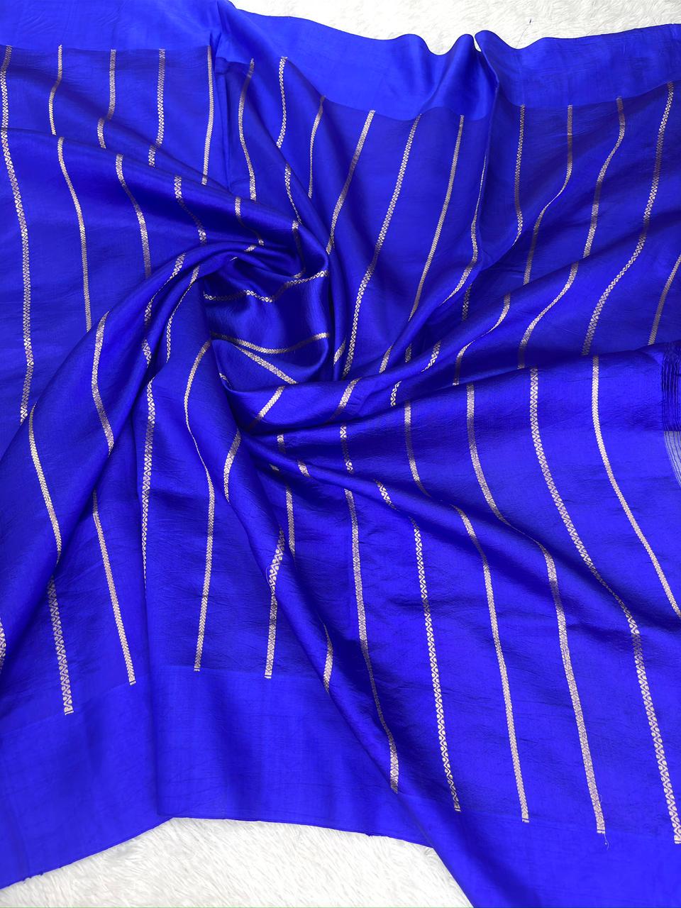 Electric Blue Pure Katan Silk Saree with Horizontal Silver Zari Vines