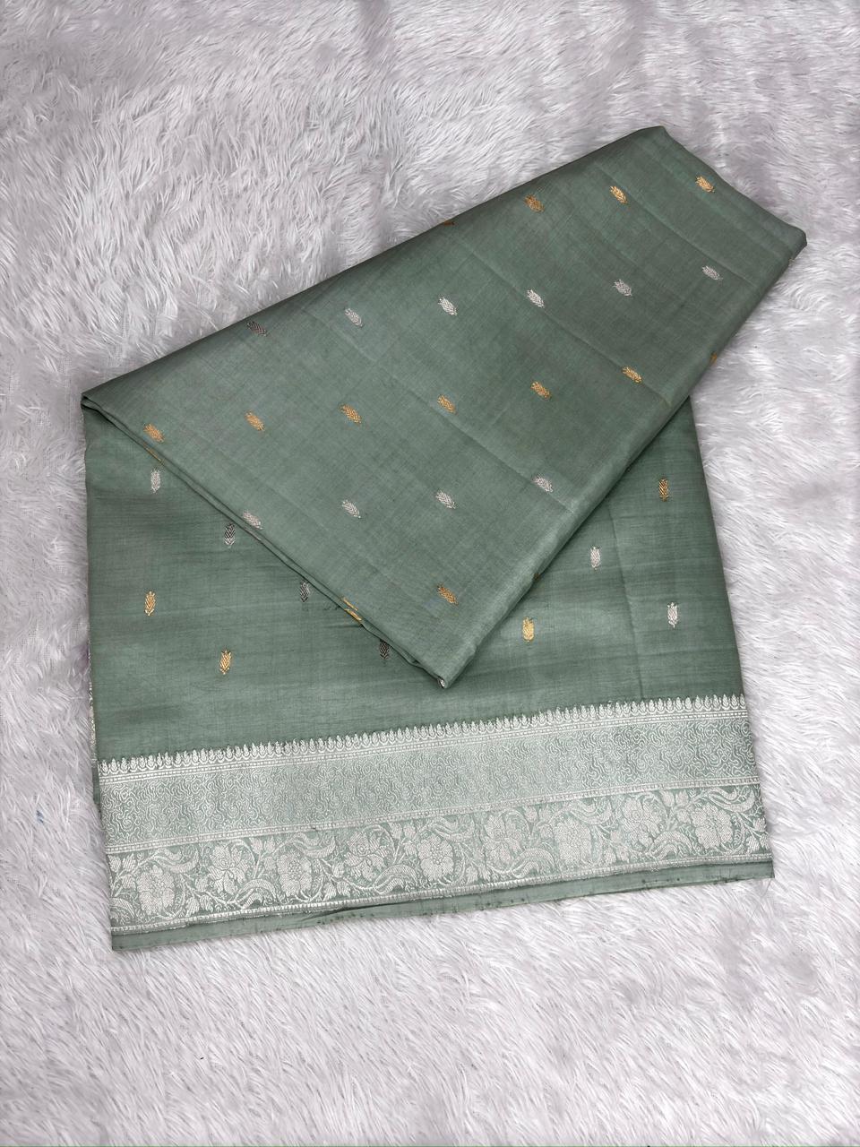 Steel Grey Pure Katan Silk Kadhua Saree with Silver Zari Scallop Pallu