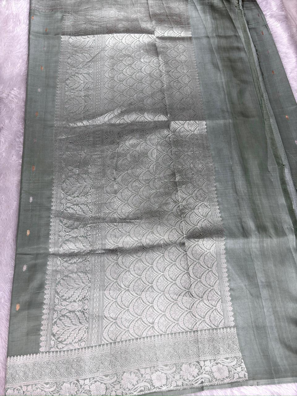 Steel Grey Pure Katan Silk Kadhua Saree with Silver Zari Scallop Pallu