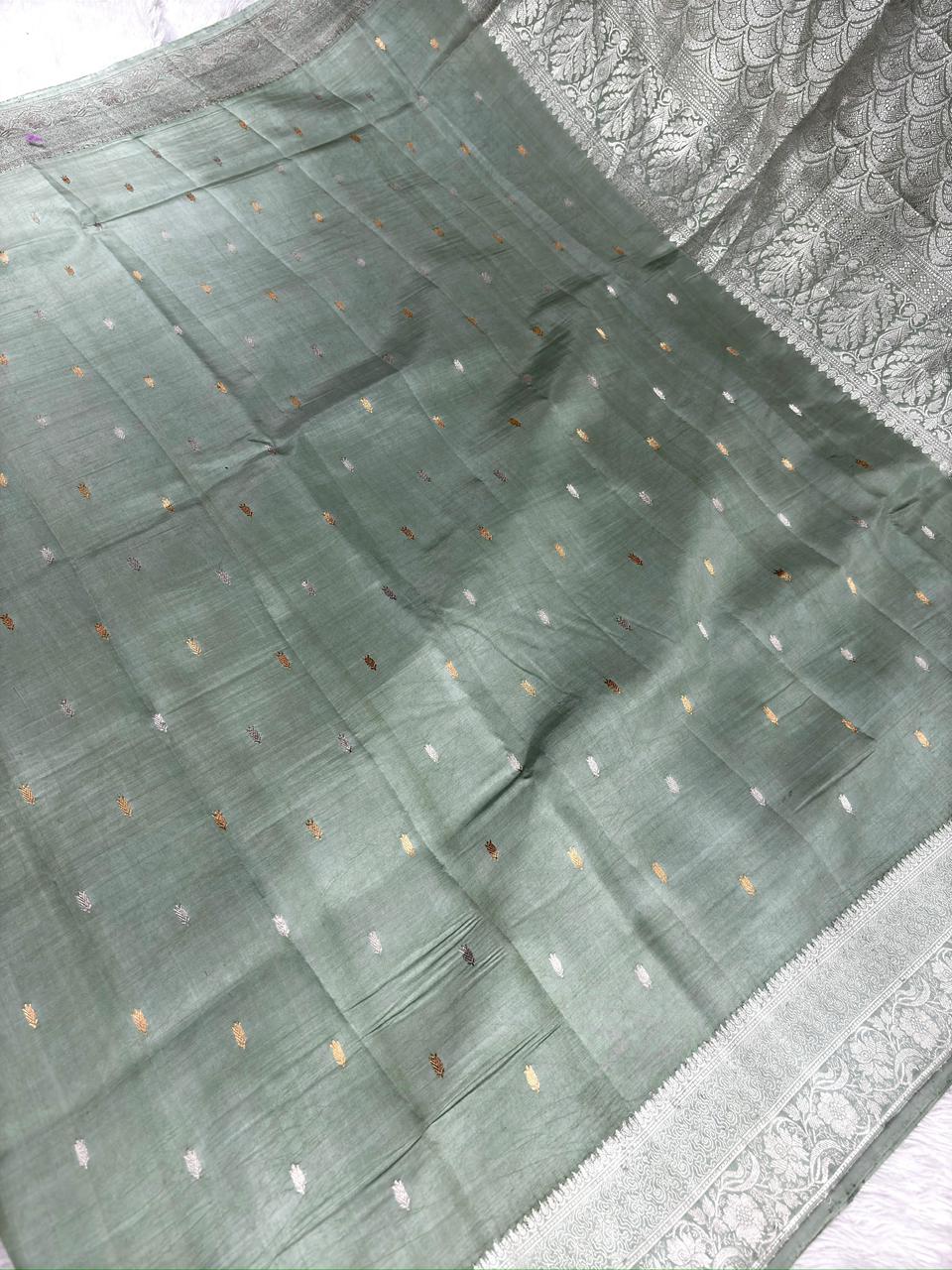 Steel Grey Pure Katan Silk Kadhua Saree with Silver Zari Scallop Pallu