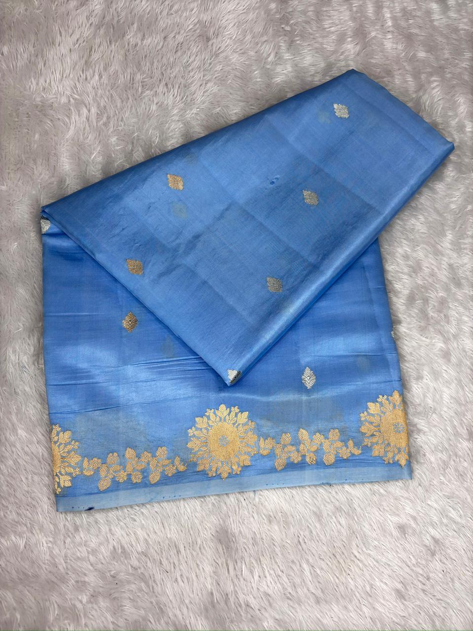Powder Blue Pure Katan Silk Kadhua Saree with Gold Zari Floral Chakras