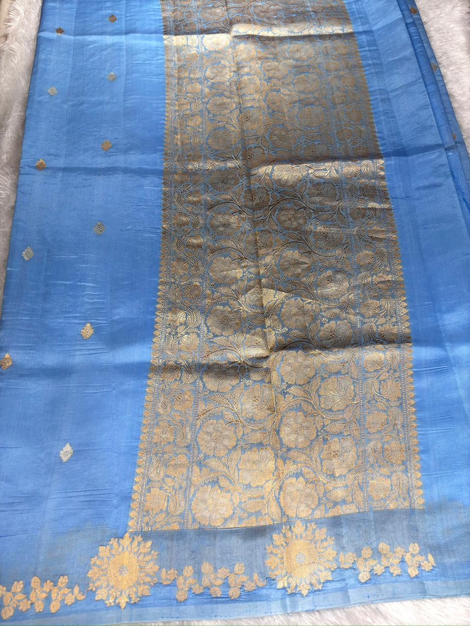 Powder Blue Pure Katan Silk Kadhua Saree with Gold Zari Floral Chakras