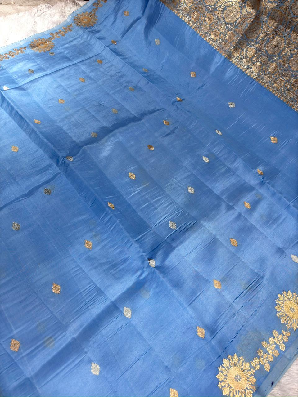 Powder Blue Pure Katan Silk Kadhua Saree with Gold Zari Floral Chakras