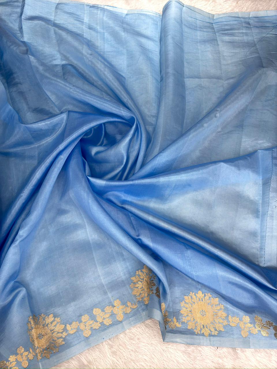 Powder Blue Pure Katan Silk Kadhua Saree with Gold Zari Floral Chakras