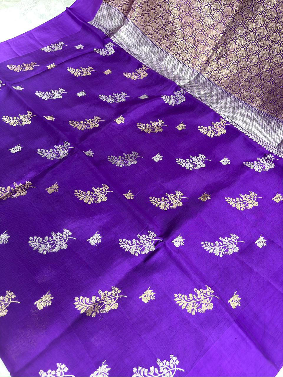 Deep Violet Pure Katan Silk Kadhua Saree with Sona Rupa Floral Bunches