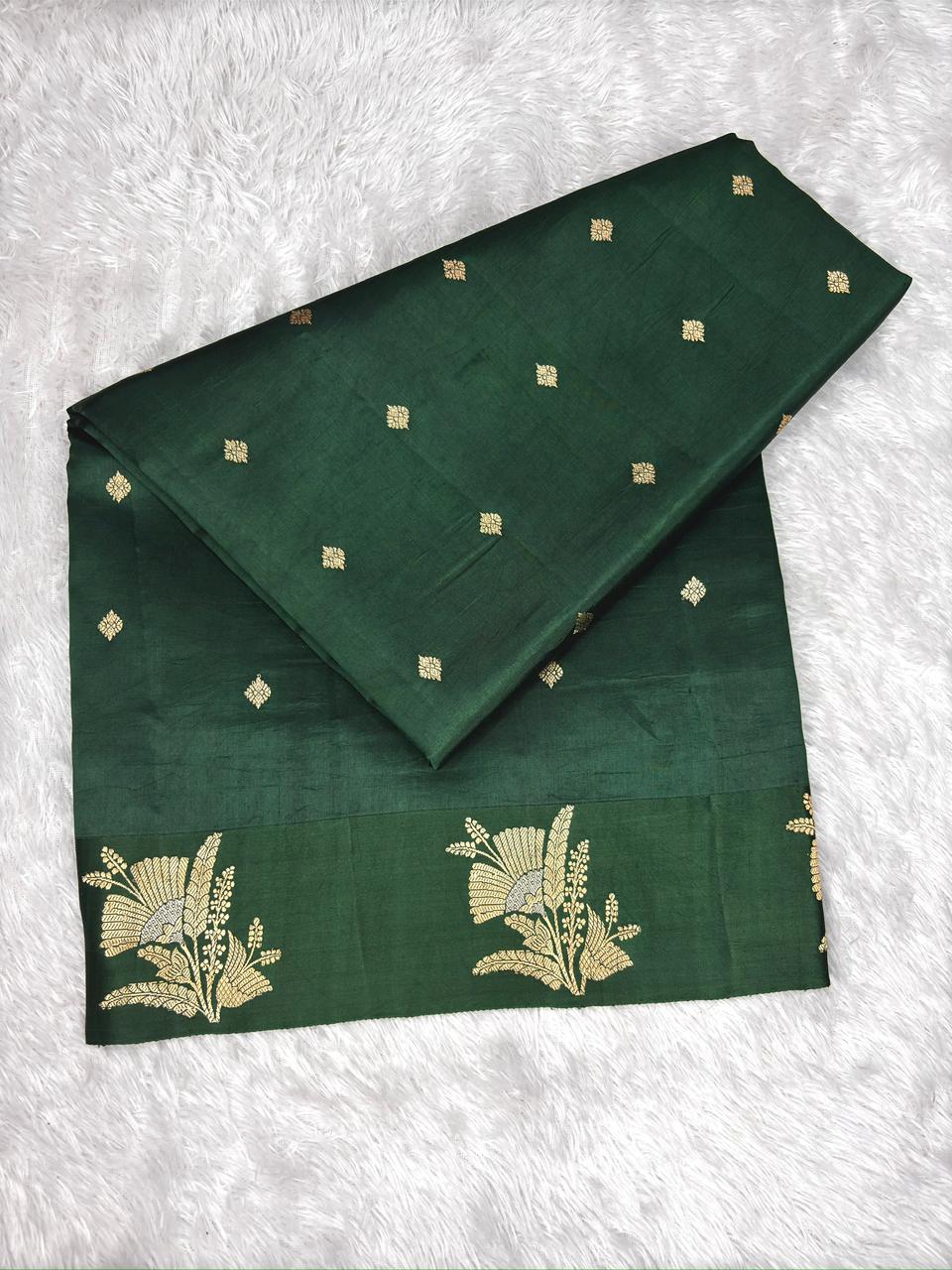 Bottle Green Pure Katan Silk Kadhua Saree with Silver Zari Buttas