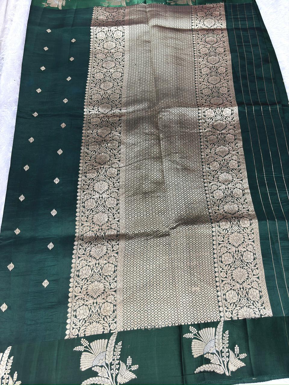 Bottle Green Pure Katan Silk Kadhua Saree with Silver Zari Buttas