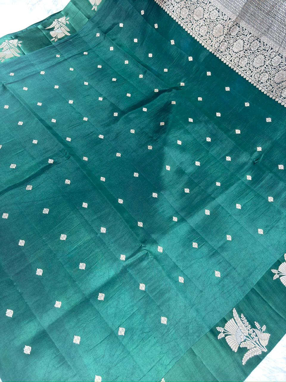 Bottle Green Pure Katan Silk Kadhua Saree with Silver Zari Buttas