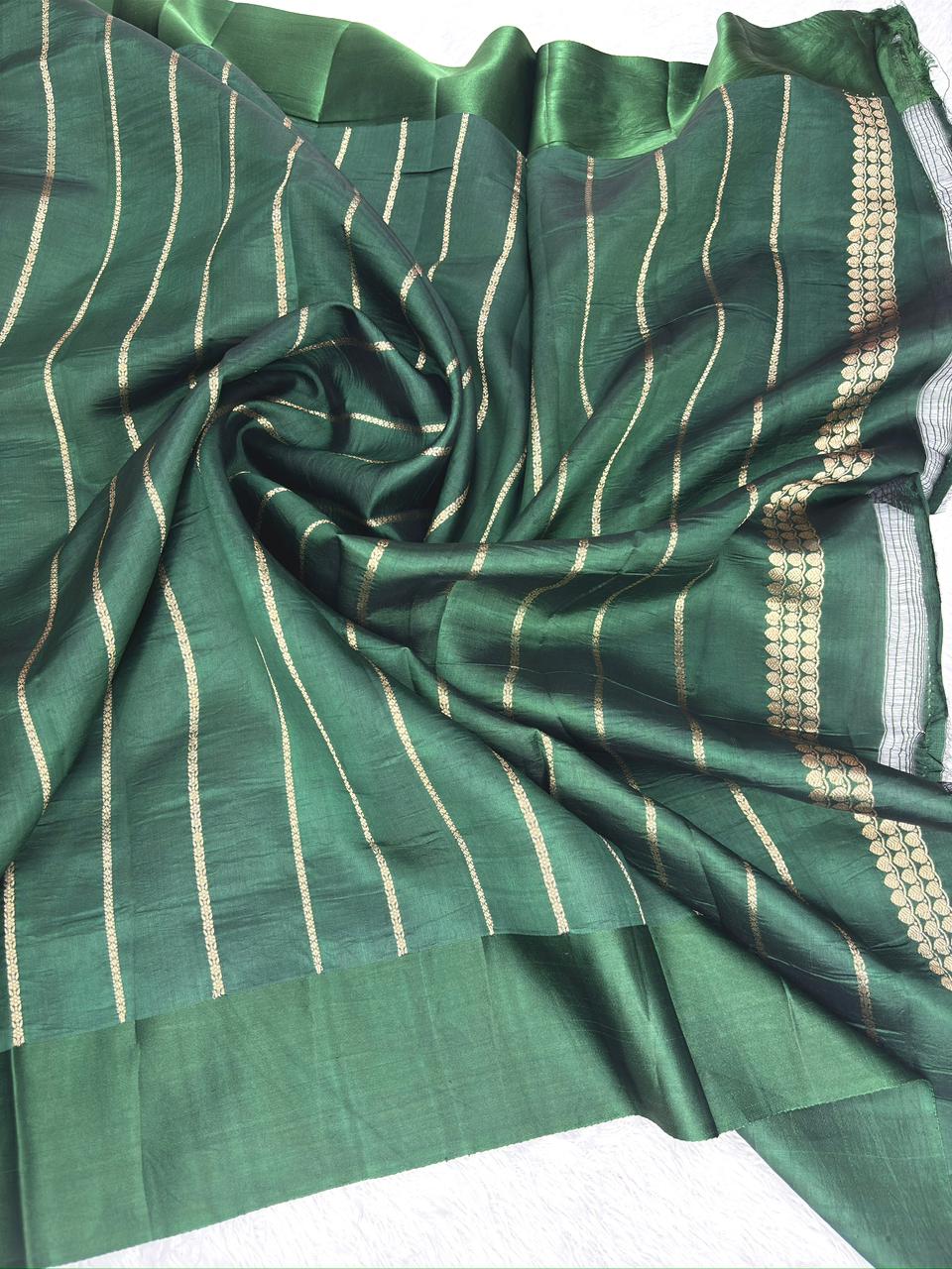 Bottle Green Pure Katan Silk Kadhua Saree with Silver Zari Buttas