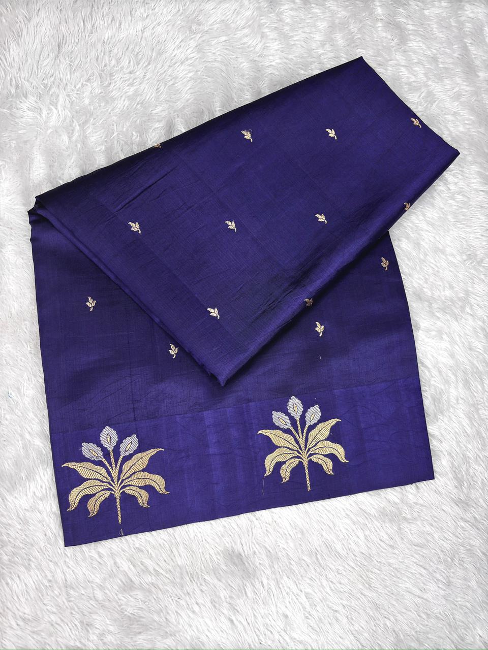 Indigo Blue Pure Katan Silk Kadhua Saree with Silver Zari Scallop Border