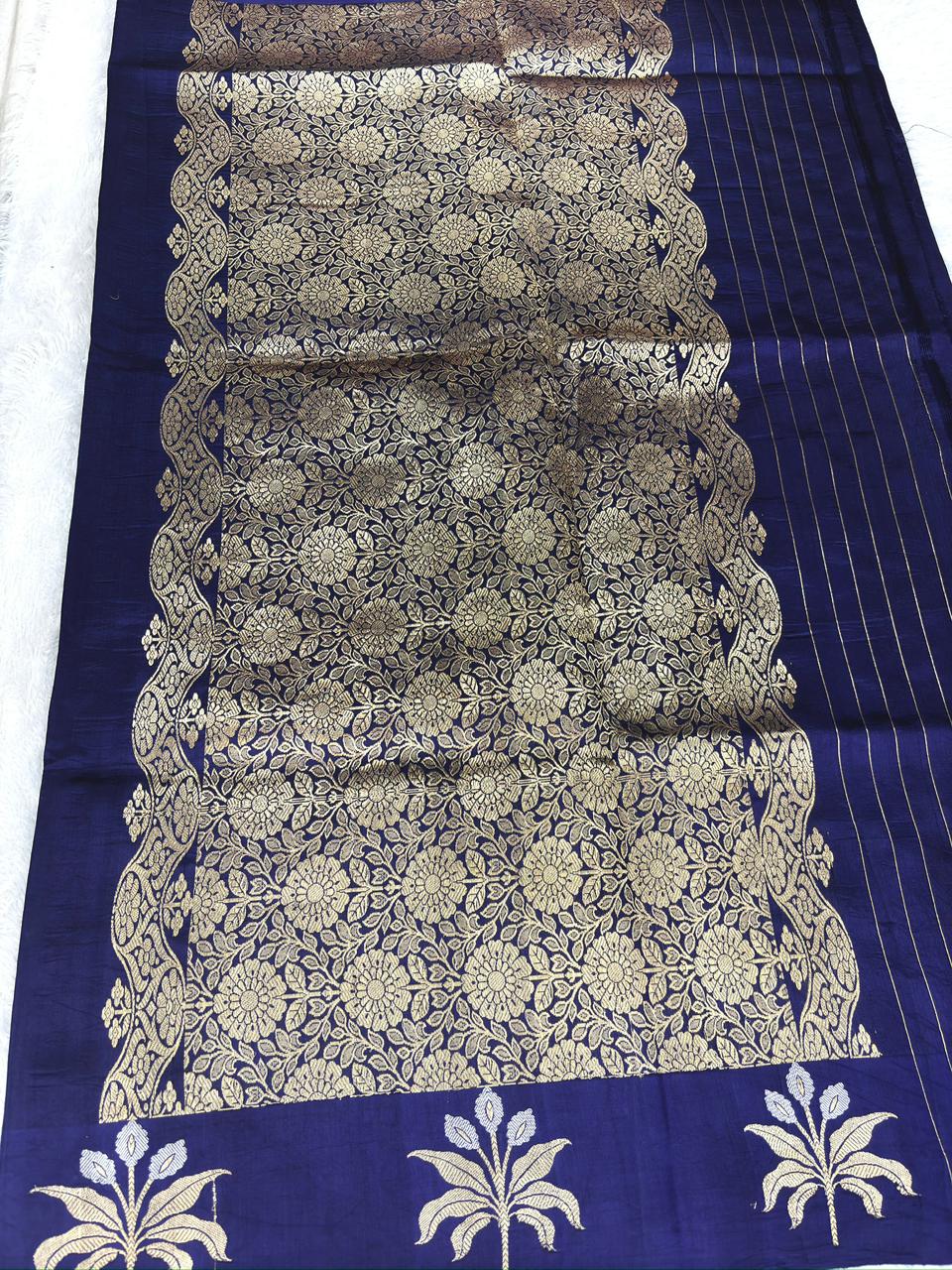 Indigo Blue Pure Katan Silk Kadhua Saree with Silver Zari Scallop Border