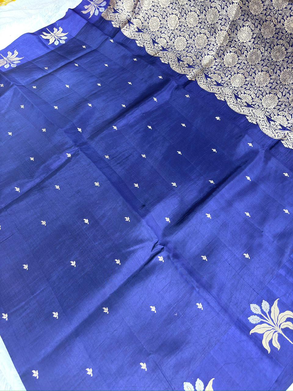 Indigo Blue Pure Katan Silk Kadhua Saree with Silver Zari Scallop Border