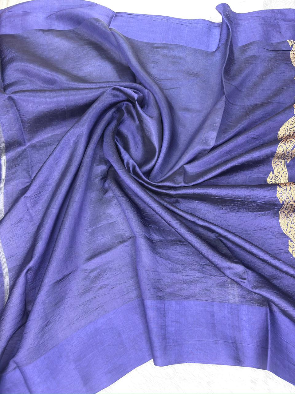 Indigo Blue Pure Katan Silk Kadhua Saree with Silver Zari Scallop Border