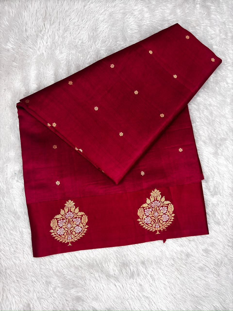 Deep Ruby Red Katan Light Weight Kadhua Handloom Saree with Polka Dots