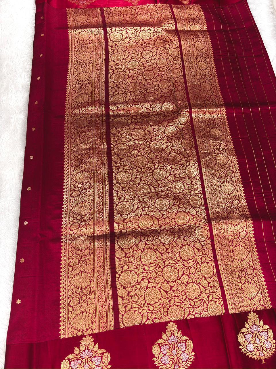 Deep Ruby Red Katan Light Weight Kadhua Handloom Saree with Polka Dots
