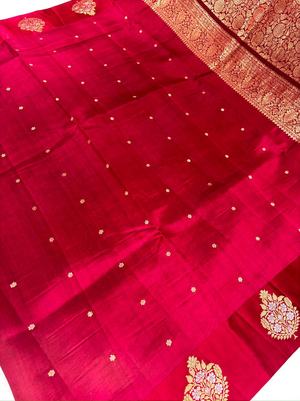 Deep Ruby Red Katan Light Weight Kadhua Handloom Saree with Polka Dots