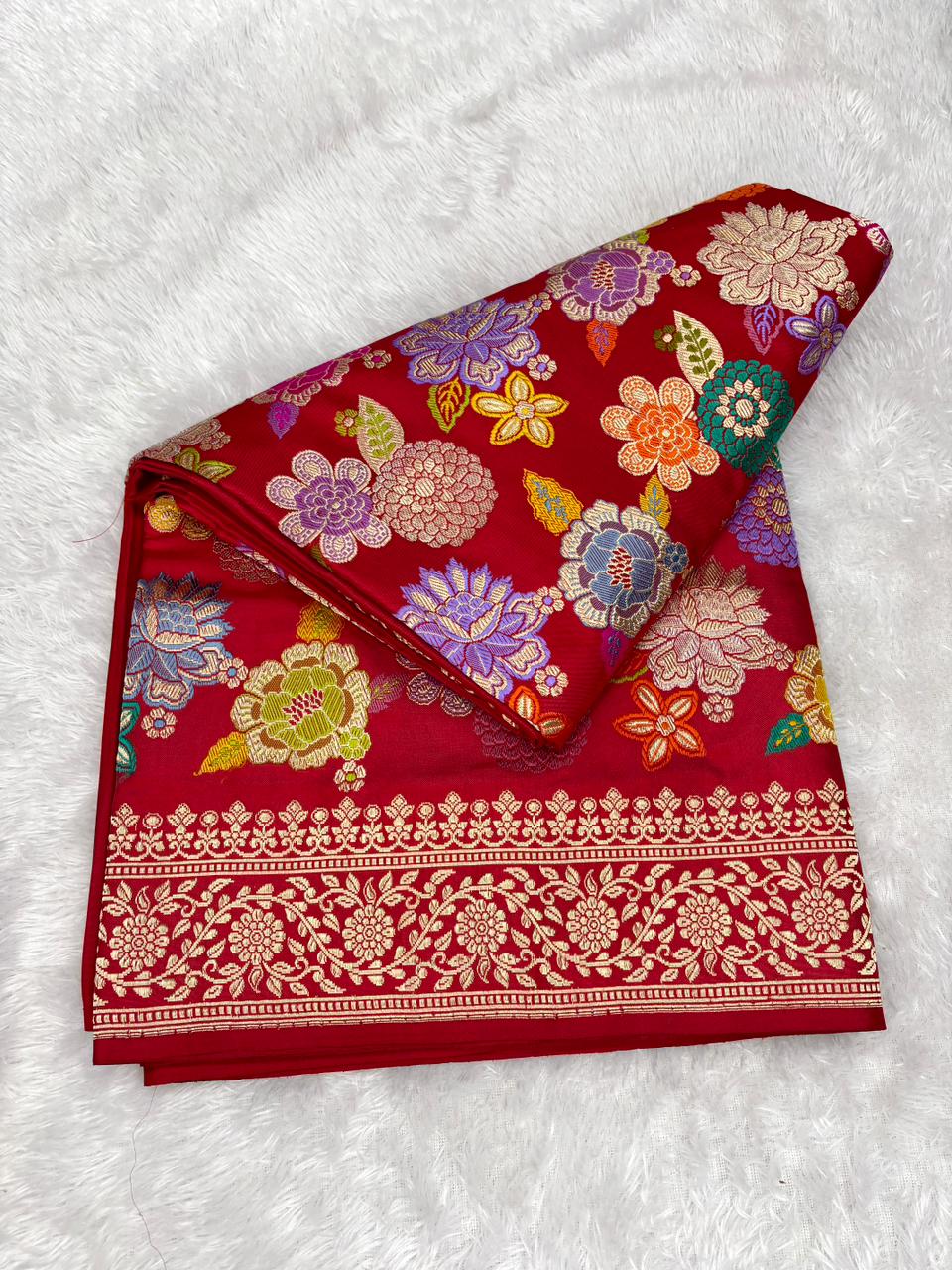Royal Red Pure Katan Silk Handloom Banarasi Saree | Exquisite Multi-Color Kadhua Meenakari Jungla & Zari Border