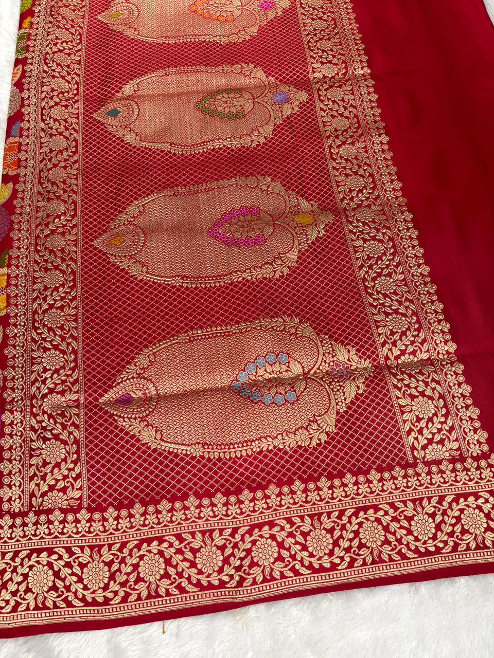 Royal Red Pure Katan Silk Handloom Banarasi Saree | Exquisite Multi-Color Kadhua Meenakari Jungla & Zari Border