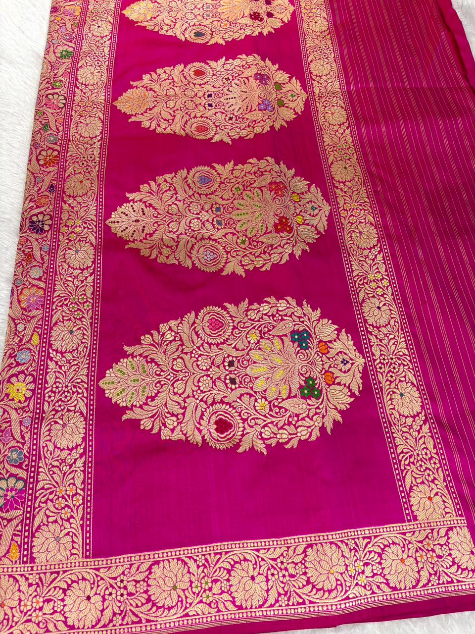 Kinkhwab Royal Magenta Pure Katan Silk Handloom Banarasi Saree | Opulent All-Over Kadhua Meenakari Jaal & Intricate Zari Border